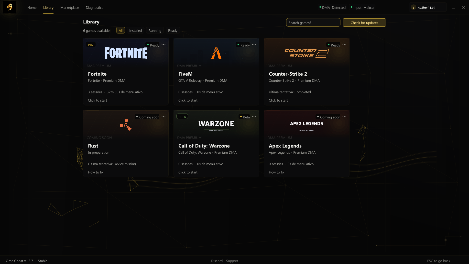Biblioteca do launcher OmniGhost com vários jogos e o estado de cada um